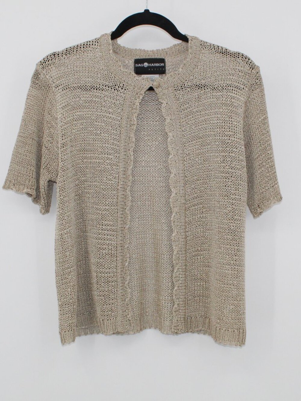 SAG HARBOR Women's Open Front Mesh Knit Cardigan Sweater Short Sleeve Petite Med